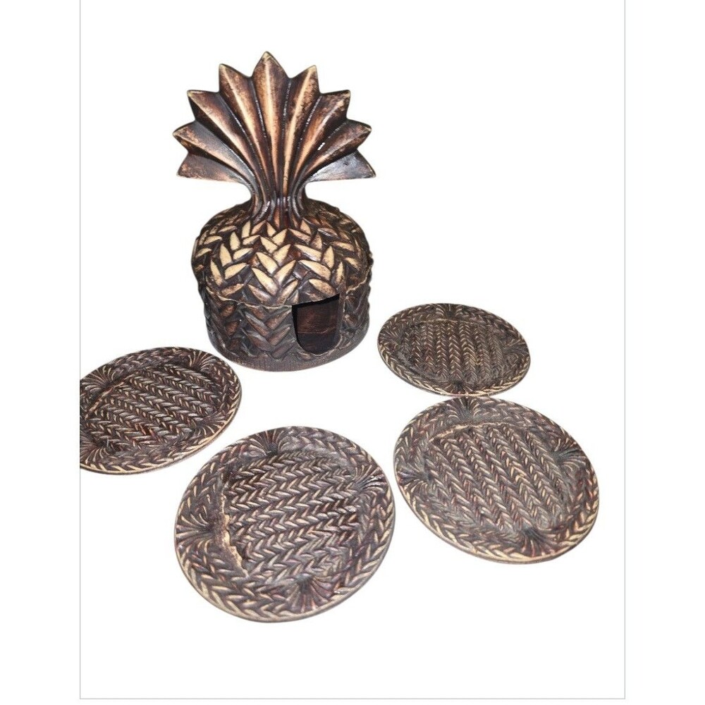 Vintage SPI MCM Wood Look Pineapple Shaped Coasters Holder Resin